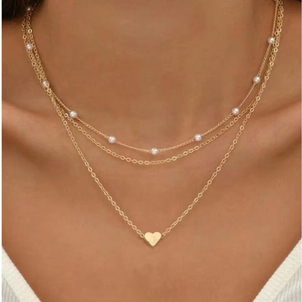 FTCY 3-Piece Women's Pearl Necklace Set with 14K Gold Love Heart Pendant - Waterproof and Hypoallergenic Collarbone Chain Jewelry