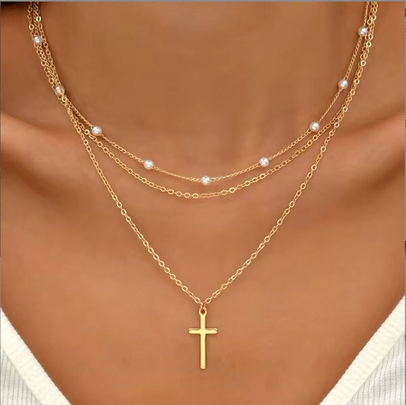 FTCY 3-Piece Women's Pearl Necklace Set with 14K Gold Love Heart Pendant - Waterproof and Hypoallergenic Collarbone Chain Jewelry