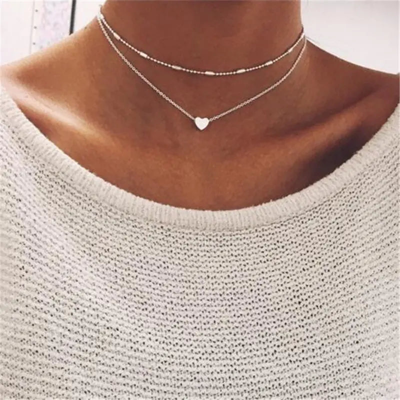 Silver Tone Tiny Heart Choker Necklace for Women - Bohemian Style Love Pendant Jewelry