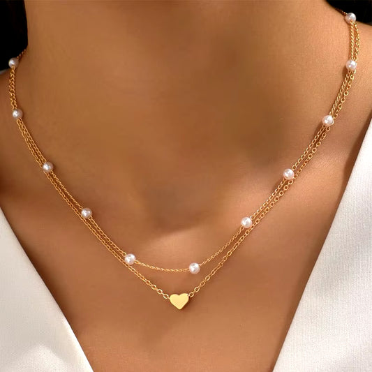 FTCY 3-Piece Women's Pearl Necklace Set with 14K Gold Love Heart Pendant - Waterproof and Hypoallergenic Collarbone Chain Jewelry